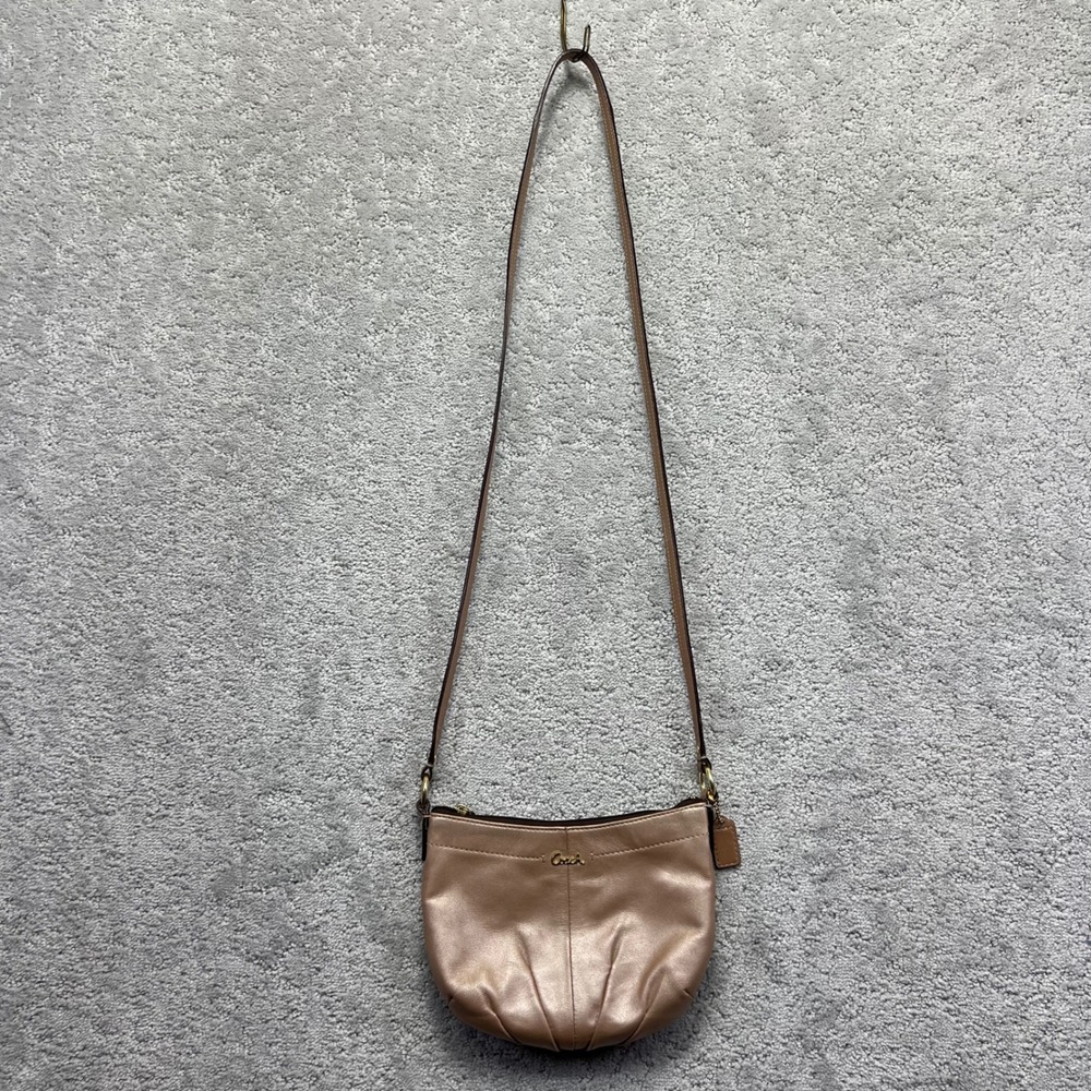 Coach Crossbody Bag Metallic Bronze Brown Leather Pleated‎ Small Purse Baguette